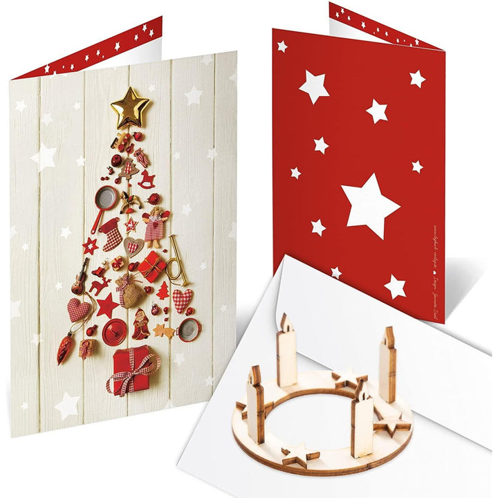 Logbuch-Verlag 10 Karten mit Umschlag DIN A6 türkis blau Weihnachtsbaum-Motiv - Klappkarte Doppelkarte mit Baum aus Holz zum Stecken