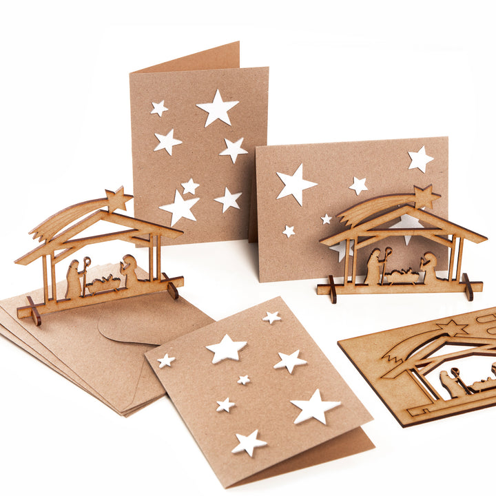 3 Weihnachtskarten mit Krippe aus Holz - weihnachtliche Grußkarten