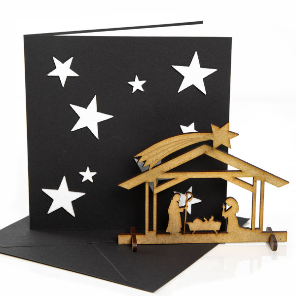 3 weihnachtliche Klappkarten - braun gold glitzernd - mit Krippe aus Holz