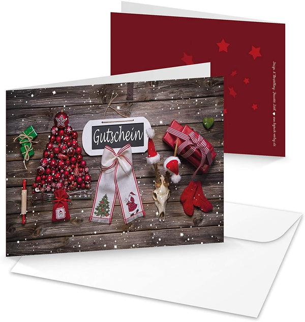100 Stück Weihnachten Gutschein Kundengutschein Geschenkgutschein 21 x 10,5 cm DIN MIT KUVERT Einkaufsgutschein weihnachtlich lang hell grün weiß rot kariert Einkaufsgutschein