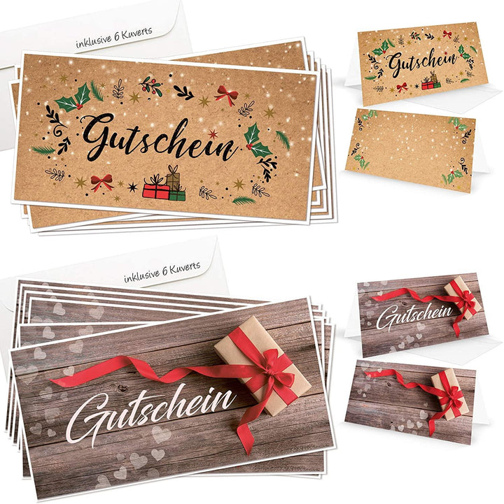 2 x 6 Gutscheine Geschenkgutscheine Klappkarte Weihnachten Geburtstag MIT KUVERT DIN lang frei beschreibbar für Kunden Mitarbeiter - Foto 1