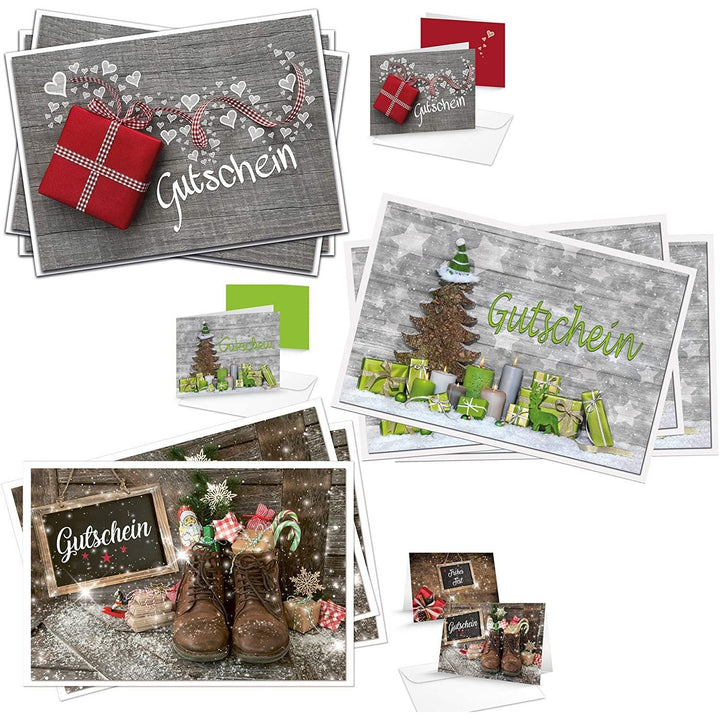 3 x 3 Gutscheine SET Weihnachten 3 Weihnachtsmotive Gutscheinkarten MIT KUVERTS DIN A6 Klappkarten blanko leer beschreibbar Geschenkgutscheine - Foto 1