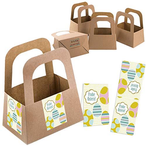 5 kleine Osternest Verpackungen - Henkelkorb aus Kraftpapier mit Aufkleber FROHE OSTERN