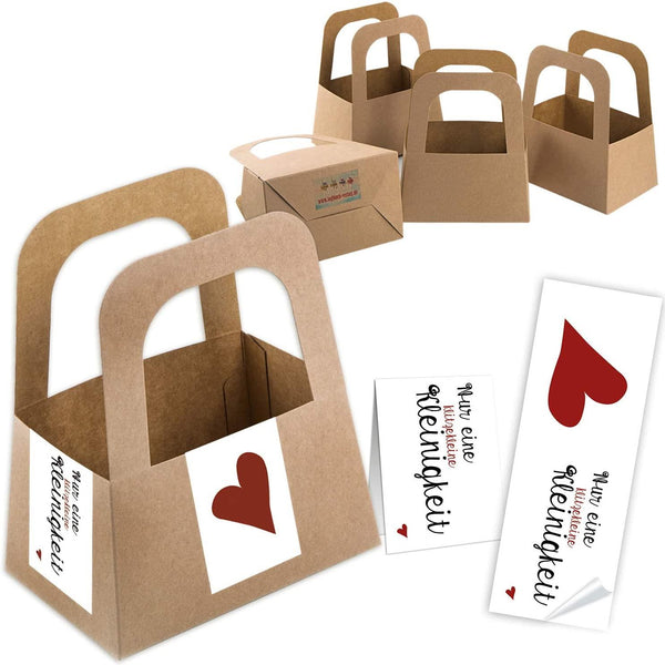 5 kleine Kraftpapier Körbe mit Boden & Henkel + 10 DANKE Aufkleber mit Herzen