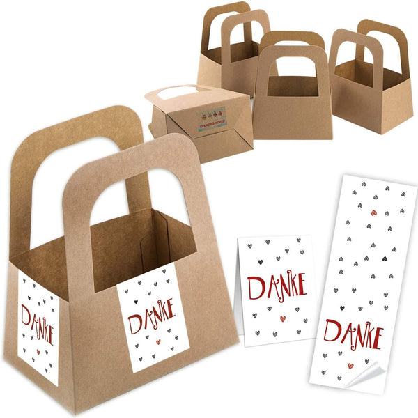 5 braune Kraftpapier Körbe + Aufkleber Set Danke, Herz, Kleinigkeit in weiß rot