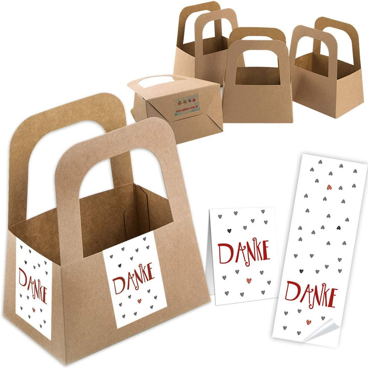 5 braune Kraftpapier Körbe + Aufkleber Set Danke, Herz, Kleinigkeit in weiß rot