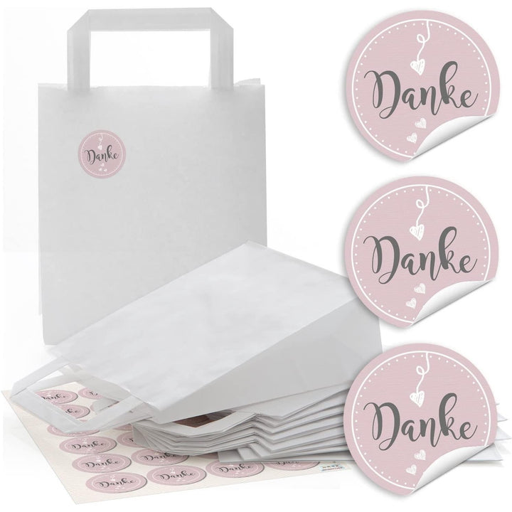 24 weiße Papier-Tüten mit Henkel Geschenktüten mit Boden 18 x 8 x 22 cm + 24 runde Aufkleber 4 cm in grün weiß mit Herz auf Holz DANKE-SCHÖN Verpackung Kunden Gäste Geschenk give-away Mitgebsel