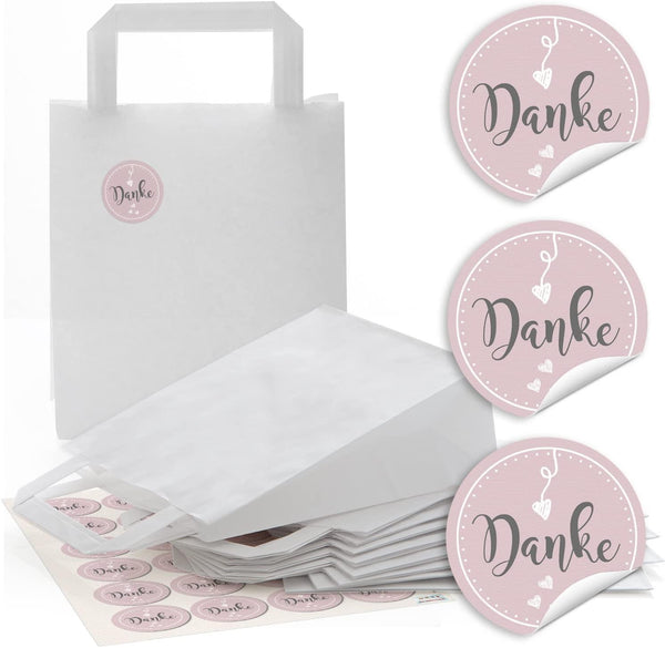 48 weiße Papier-Tüten mit Henkel Geschenktüten mit Boden 18 x 8 x 22 cm + 48 runde Aufkleber 4 cm in grün weiß mit Herz auf Holz DANKE-SCHÖN Verpackung Kunden Geschenke give-away Mitgebsel