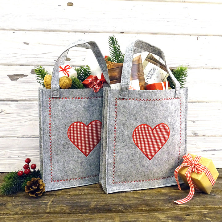 3 kleine Geschenktaschen aus Filz mit Herz - rot grau kariert 22 x 25 x 5,5 cm - Foto 4