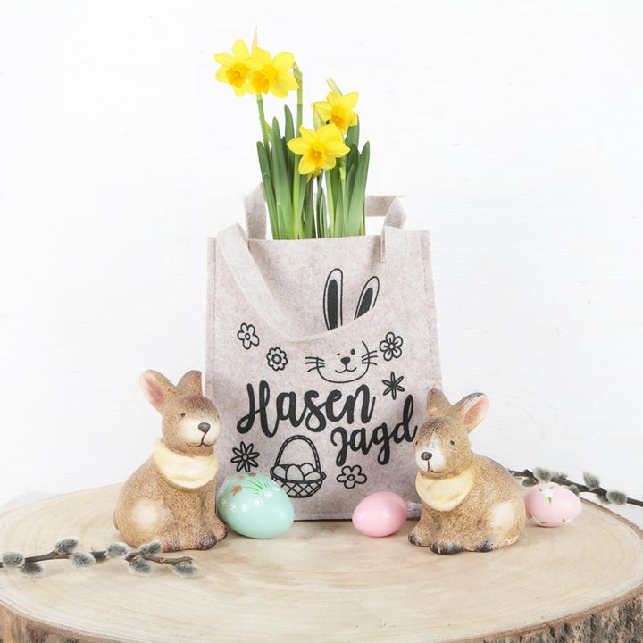 Geschenktasche beige mit Blumen-Motiv 18x20x5cm Filz Tasche