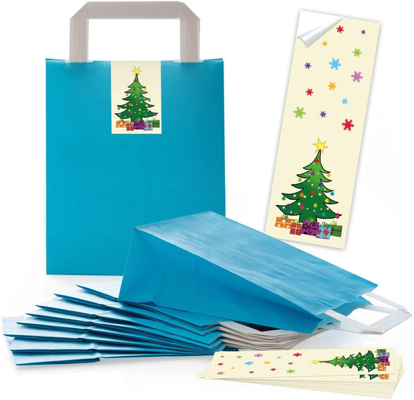 Blaue Papiertüten 18 x 8 x 22 cm mit Boden – Geschenktüten mit Weihnachts- oder Geschenkaufkleber