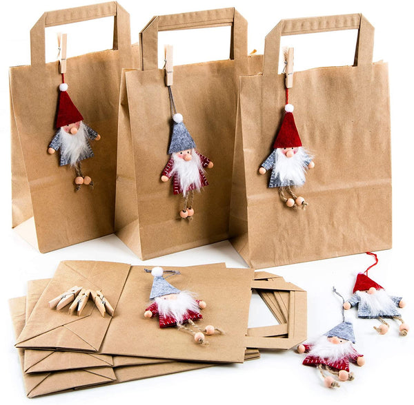 10 kleine braune Geschenk-Tüten Papier-Tüten Henkel Boden 18 x 8 x 22 cm + 17 beige hell-blau graue shabby Weihnachts-Etiketten Geschenk-Aufkleber von 4 bis 6,5 cm Kraftpapier