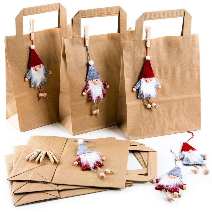 10 kleine braune Geschenk-Tüten Papier-Tüten Henkel Boden 18 x 8 x 22 cm + 17 beige hell-blau graue shabby Weihnachts-Etiketten Geschenk-Aufkleber von 4 bis 6,5 cm Kraftpapier