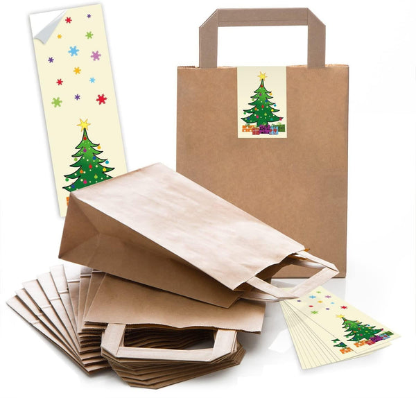 Braune Papiertüten 18 x 8 x 22 cm mit Boden – Geschenktüten mit Weihnachts-Aufkleber