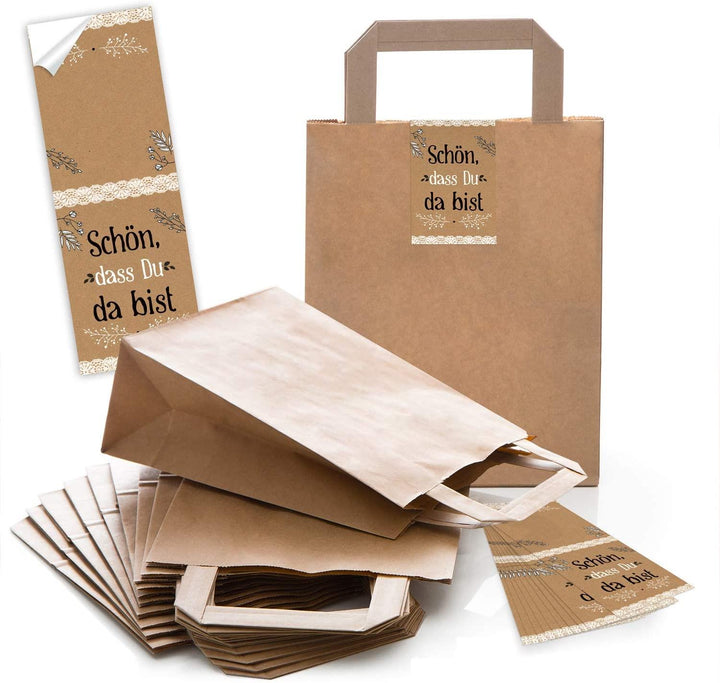 Logbuch-Verlag 5 Kraftpapier Tüten in braun mit Henkel + Weihnachtsaufkleber FROHES FEST rot grün - Geschenkverpackung Weihnachten Vintage rustikal Weihnachtstüte