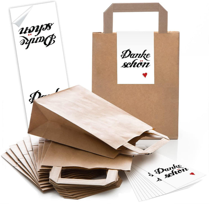 10 kleine braune Papiertüte Geschenktüte 18 x 8 x 22 cm Papiertasche + 10 DANKE-SCHÖN rot weiß HERZ Aufkleber Verpackung Weihnachten give-away Geschenke Hochzeit Mitgebsel Gäste