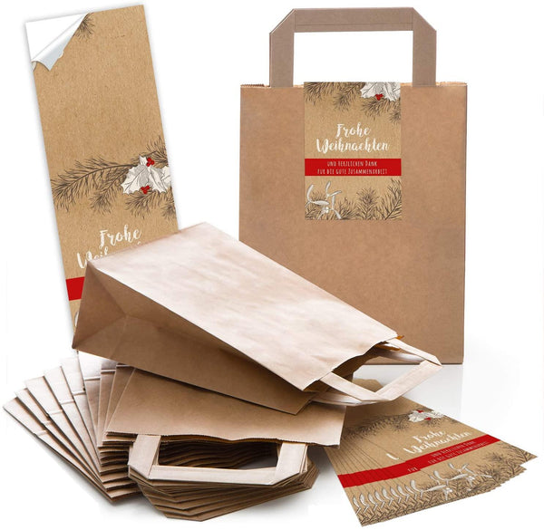 Braune Kraftpapier-Geschenktasche 18 x 8 x 22 cm mit Henkel – Aufkleber „Frohe Weihnachten“ oder „Danke“