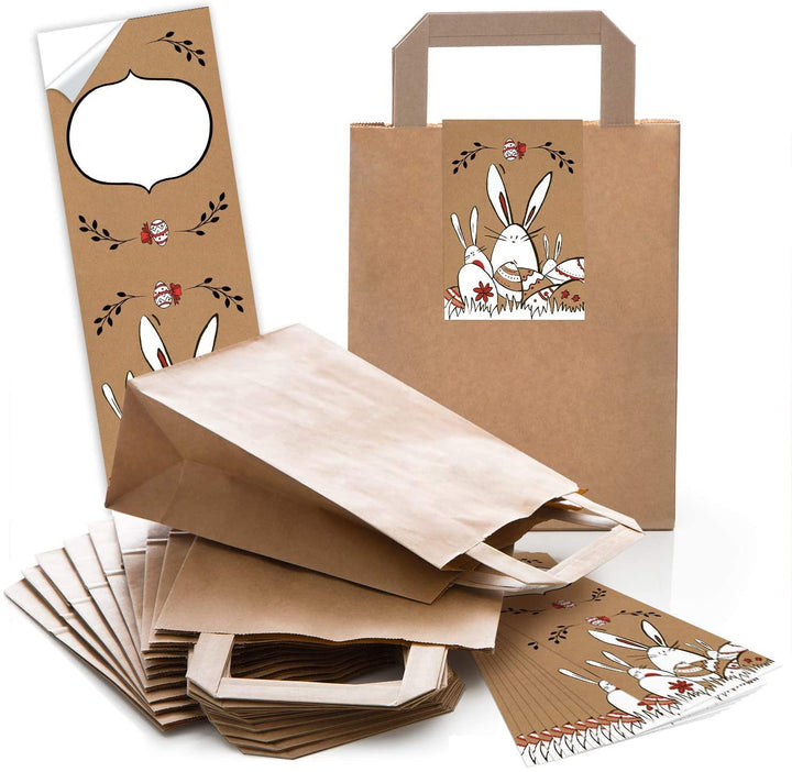 10 rote Kraftpapier Papiertüte Geschenktasche Henkel mit Boden 18 x 8 x 22 cm + 10 weihnachtliche Aufkleber Weihnachten BAUM rot beige grün Geschenkverpackung bio natur Beutel