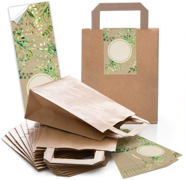 50 rote Weihnachten Papiertüte Geschenktasche Henkel mit Boden 18 x 8 x 22 cm + 50 weihnachtliche Aufkleber SANTA NIKOLAUS WEIHNACHTSMANN rot grün beige Geschenk-Verpackung Kraftpapier natur