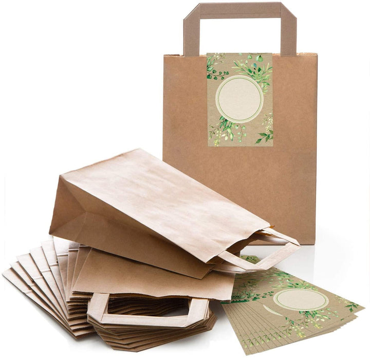 100 rote natur Kraftpapier Papiertüte Geschenktasche Henkel mit Boden 18 x 8 x 22 cm + 100 Aufkleber SANTA NIKOLAUS WEIHNACHTSMANN rot grün beige Geschenk Verpackung Weihnachten weihnachtlich