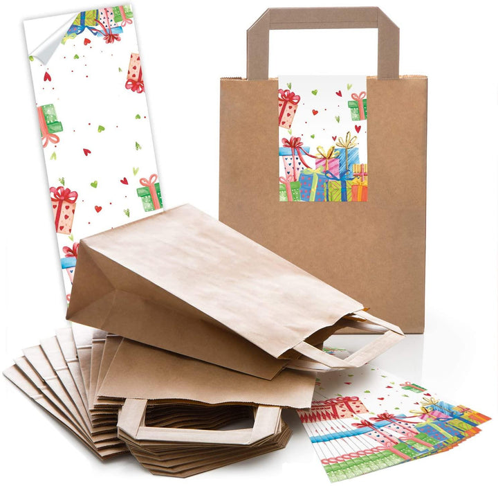 25 rote weihnachtliche Papiertüte FROHES FEST Geschenktasche Henkel mit Boden 18 x 8 x 22 cm + 25 Weihnachts-Aufkleber Mistel Tannen-Zweige rot grün beige Geschenk Verpackung bio Kraftpapier