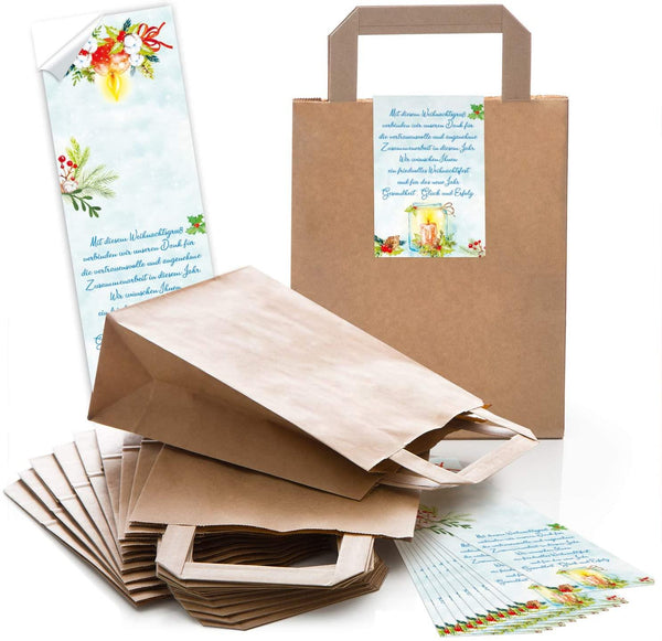 Logbuch-Verlag 10 kleine braune Tüten Verpackung Weihnachten 18 x 8 x 22 cm plus Henkel MIT Weihnachtsaufkleber zum Verschließen Papierbeutel zum Befüllen