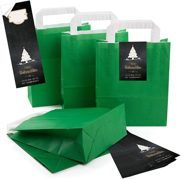 Dunkelgrüne Papier-Tüte mit Henkel 18 x 8 x 22 cm – Geschenk-Tütchen mit „Frohe Weihnachten“-Aufkleber