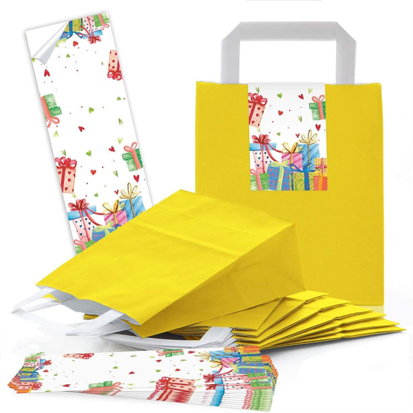 Gelbe Geschenktüten 18 x 8 x 22 cm – Partytüten mit bunten Geschenkaufklebern für Kinder & Ostern