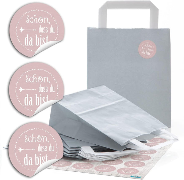 24 blaue Papiertüten Papier-Tragetaschen Henkel-Tüten Boden 18 x 8 x 22 cm kleine Papiertaschen und 24 runde Aufkleber Sticker mit lustigen Sprüchen Zitaten rot grün blau pink Verpackung