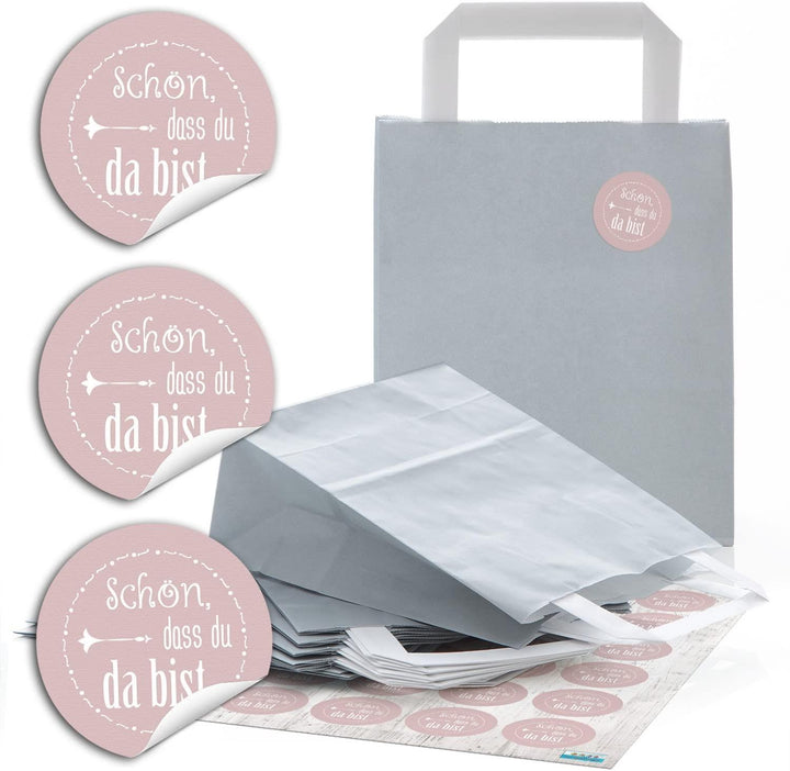 24 blaue Papiertüten Papier-Tragetaschen Henkel-Tüten Boden 18 x 8 x 22 cm kleine Papiertaschen und 24 runde Aufkleber Sticker mit lustigen Sprüchen Zitaten rot grün blau pink Verpackung