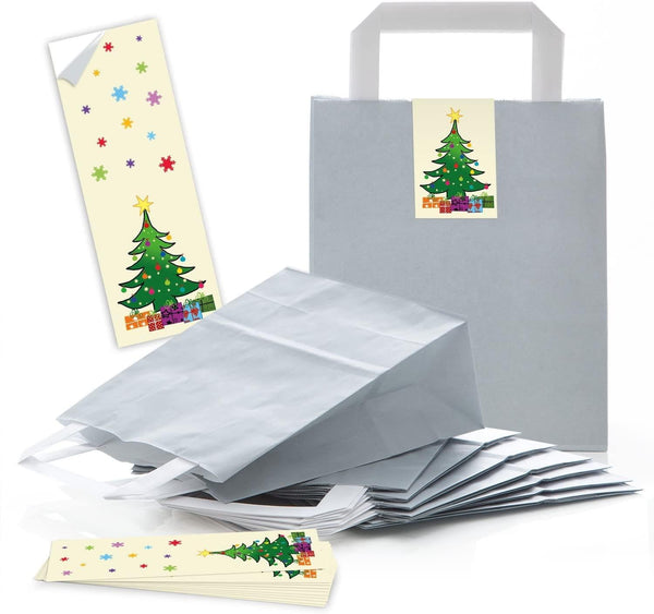 Hell-graue Papiertüte Weihnachten 18 x 8 x 22 cm – Geschenk-Tüte mit weihnachtlichen Aufklebern