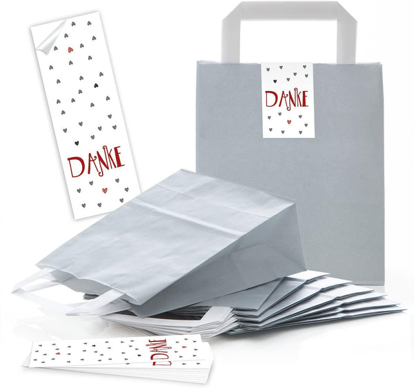25 rote kleine Papiertüte Geschenktüte Tüte 18 x 8 x 22 cm + 25 Banderolen Aufkleber Weihnachten international beige verschiedene Sprachen Weihnachtsgeschenk Verpackung Geschenke