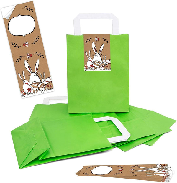Hellgrüne Henkeltüte 18 x 8 x 22 cm – Papiertüte mit Griff & Osteretikett „Frohe Ostern“