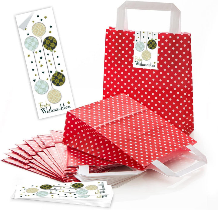 10 kleine braune Geschenktüte Weihnachtstüte Papiertüte 18 x 8 x 22 cm kleine Papiertaschen + 10 rote natur Aufkleber FROHE WEIHNACHTEN MISTEL Verpackung Geschenke give-away
