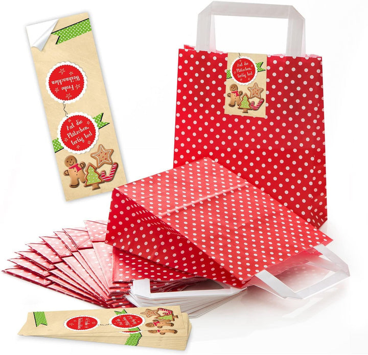 25 rot weiß gepunktete Papiertüten Geschenk-tüten Weihnachtstüten Boden 18 x 8 x 22 cm kleine Papiertaschen + Weihnachten Aufkleber Auf die Plätzchen Verpackung Weihnachtsplätzchen grün rot