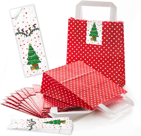 25 braune weihnachtliche Papiertüte Geschenktasche Henkel mit Boden 18 x 8 x 22 cm + 25 Aufkleber rot grün beige BAUM Geschenk Verpackung Weihnachten Kraftpapier Be-Füllen
