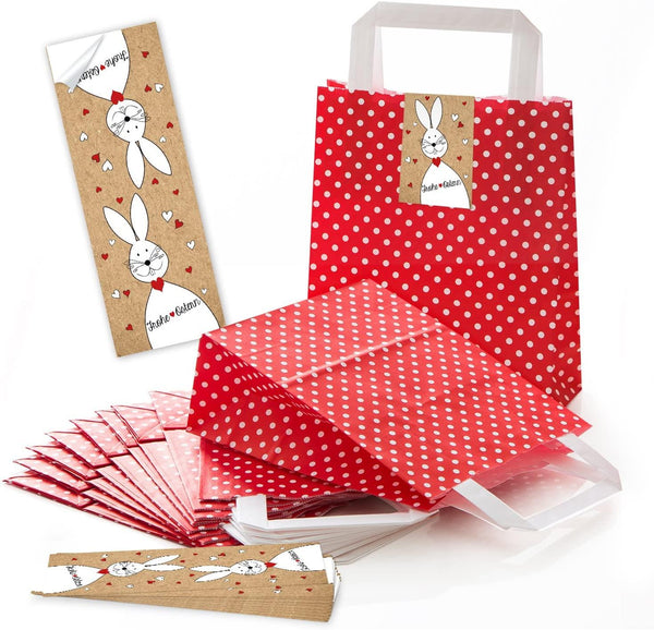 50 braune Weihnachts-Papiertüte Geschenktasche Henkel mit Boden 18 x 8 x 22 cm + 50 weihnachtliche Aufkleber CHRISTBAUM rot grün beige Geschenk-Verpackung Kraftpapier bio