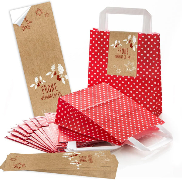 10 kleine braune Geschenktüten Papiertüten Weihnachten Boden + Henkel 18 x 8 x 22 cm + 10 Stück hell-grün mint Weihnachtsaufkleber SCHÖNES FEST - Weihnachts-PLÄTZCHEN Verpackung 5 x 15 cm