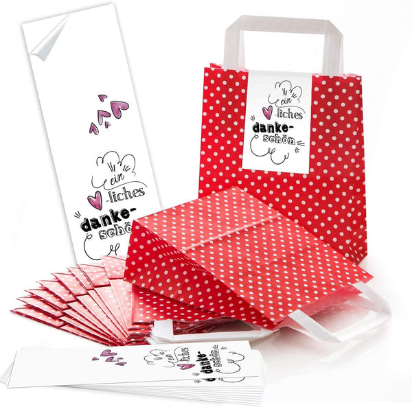 Rot-weiß gepunktete Henkeltüten mit Banderolen „Danke“ oder „Schön, dass du da bist“ – Geschenkverpackung & Gastgeschenk