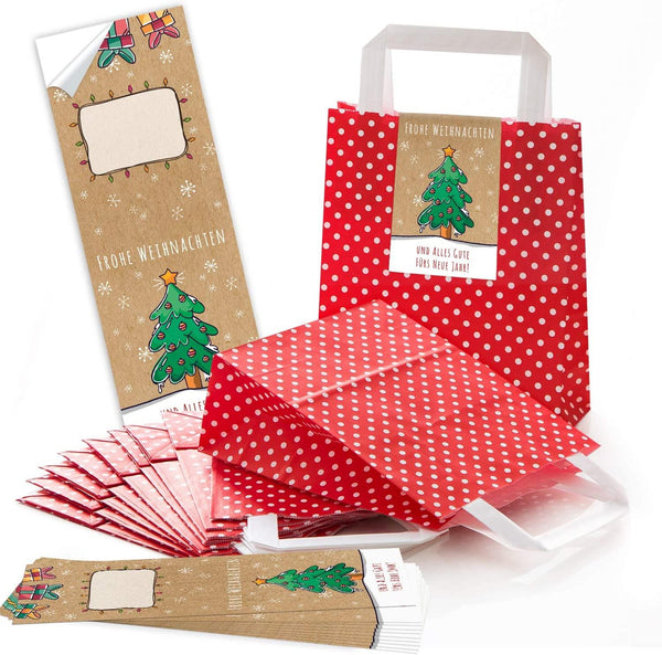 5 kleine braune Papiertüten Papiertaschen mit Boden 18 x 8 x 22 cm + 5 ENGEL-Aufkleber FROHES FEST braun beige weiße Sterne 5 x 15 cm Weihnachtstüten Geschenktüten Verpackung Weihnachten