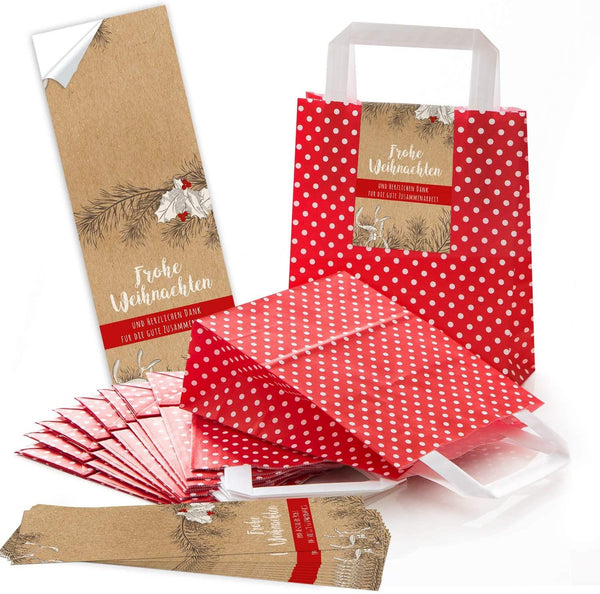 Rot-weiß gepunktete Henkeltüten aus Kraftpapier 18 x 8 x 22 cm – Geschenktaschen mit Aufkleber „Frohe Weihnachten“
