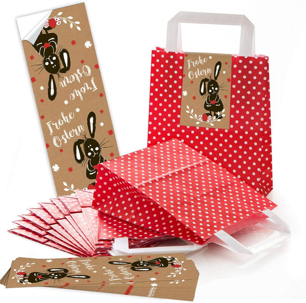 Rote Papiertüte mit Henkel 18 x 8 x 22 cm – gepunktet mit Osteretikett „Frohe Ostern“, diverse Motive