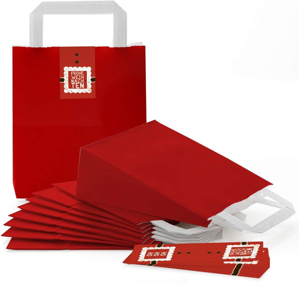 Rote weihnachtliche Papiertüten mit Henkel 18 x 8 x 22 cm – Geschenktaschen mit Weihnachtsaufkleber, diverse Motive