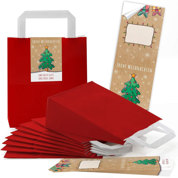 Rote weihnachtliche Papiertüten mit Henkel 18 x 8 x 22 cm – Geschenktaschen mit „Frohe Weihnachten“-Aufkleber
