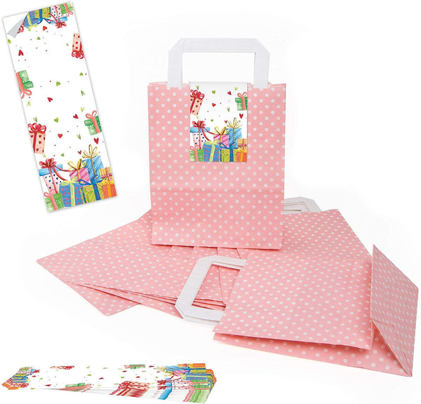 Rosa-weiß gepunktete Papiertüten mit Henkel – Mitgebseltüte mit bunten Geschenk- & Herz-Aufklebern