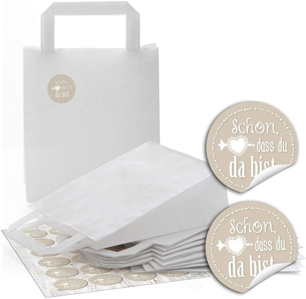 25 rote weihnachtlich gepunktet Papiertüten Geschenktasche Henkel mit Boden 18 x 8 x 22 cm + 25 Aufkleber FROHE WEIHNACHTEN DANKE KUNDEN MISTELN weiß schwarz beige Geschenk Verpackung Be-Füllen