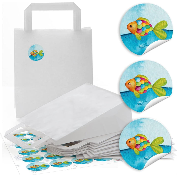 10 Weiße Papiertüten mit Henkel 18 x 8 x 22 cm – Geschenktüten Regenbogenfisch Blau/Türkis mit Aufklebern - Foto 1