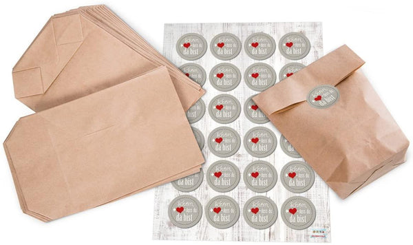 Geschenktüten Set – braune Kraftpapier-Tüten 14 x 22 cm mit Aufkleber „Schön, dass du da bist“ (verschiedene Motive)