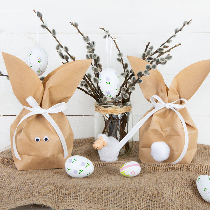 10 kleine weiße Papiertüten Ostertüten Geschenktüten MIT FENSTER und Pergamin-Einlage 7 x 4 x 21,5 cm + 10 Osteraufkleber 5 x 15 cm Ostern Osterhase rot weiß Herz Verpackung Frohe Ostern