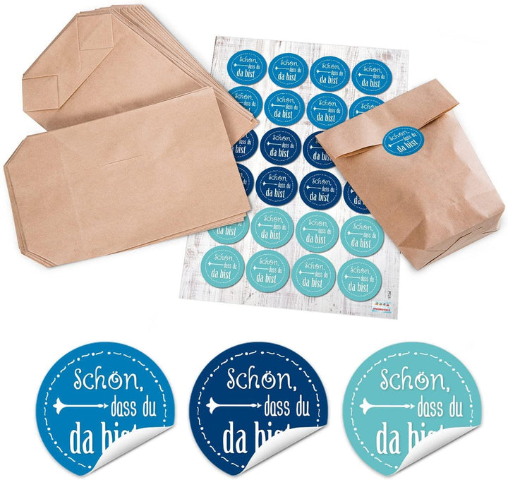 25 weiße Geschenktüten Papier-Tüten + 25 Aufkleber SCHÖN DASS DU DA BIST in blau Anker 14 x 22 x 5,6 cm maritim hellblau Verpackung Gastgeschenk Kommunion Taufe give-away Geburtstag